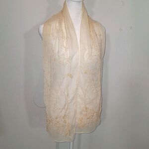 Embroidered Floral Sheer Scarf Os Boho Hippie Neutral Fairy Cottage Whimsical